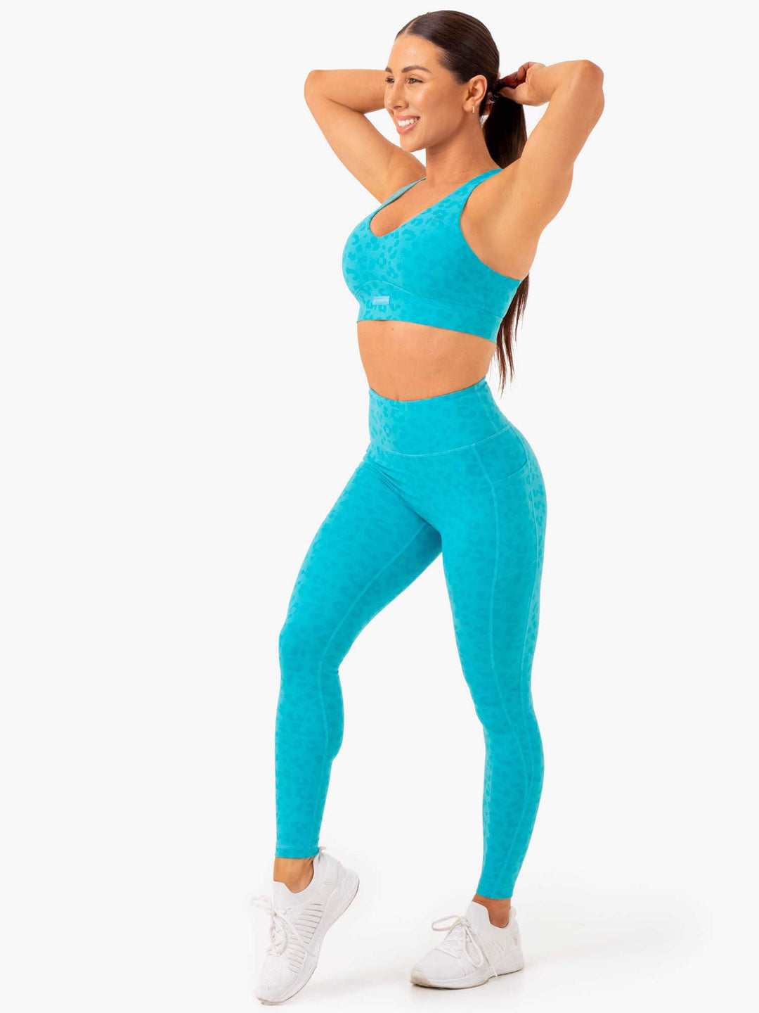 Ultra High Waisted Full Length Leggings - Aqua Leopard Clothing Ryderwear 