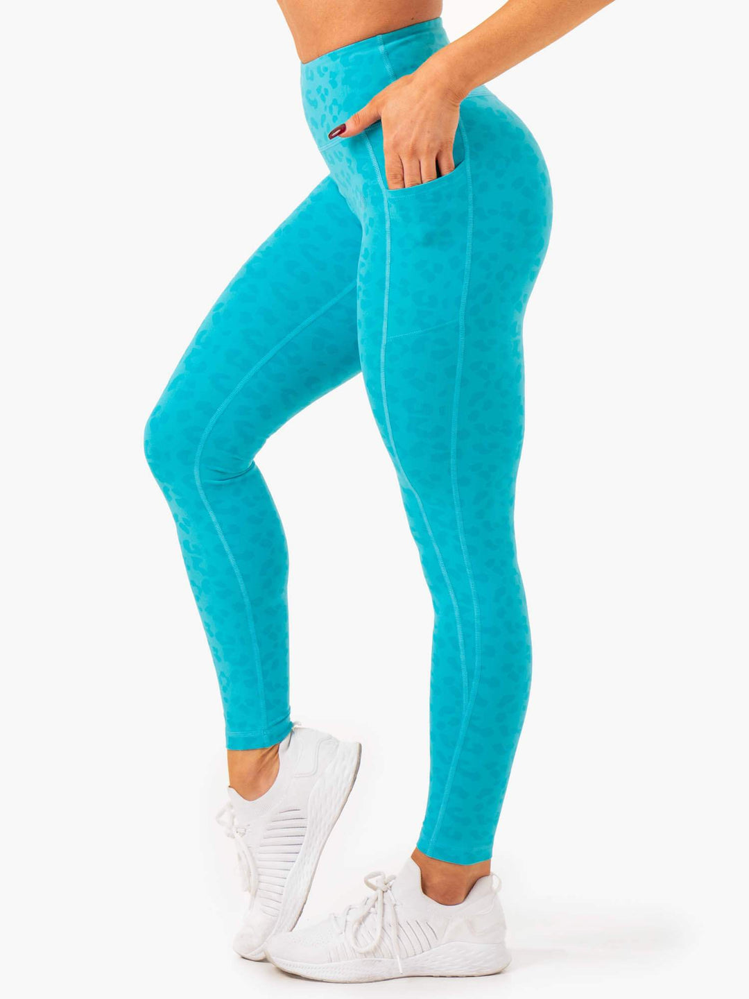 Ultra High Waisted Full Length Leggings - Aqua Leopard Clothing Ryderwear 