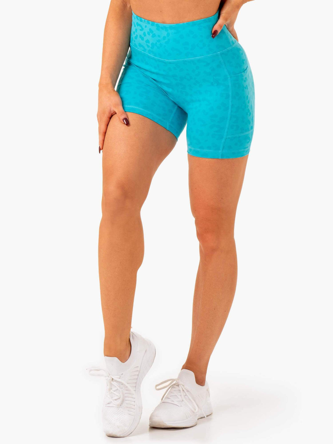 Ultra High Waisted Mid Length Shorts - Aqua Leopard Clothing Ryderwear 