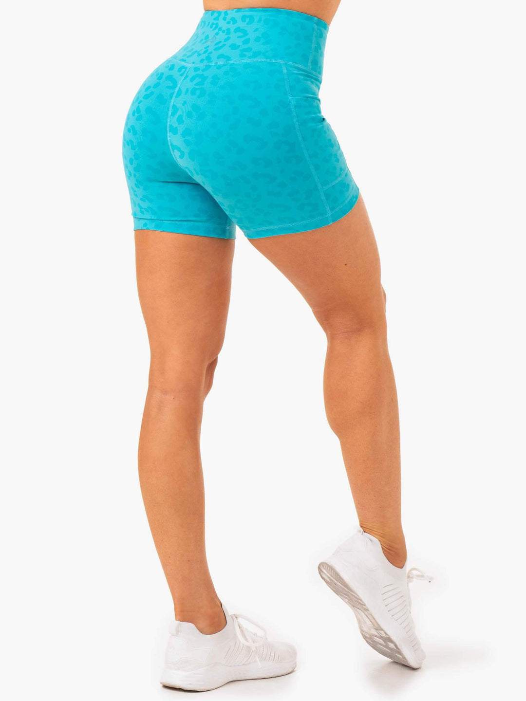 Ultra High Waisted Mid Length Shorts - Aqua Leopard Clothing Ryderwear 