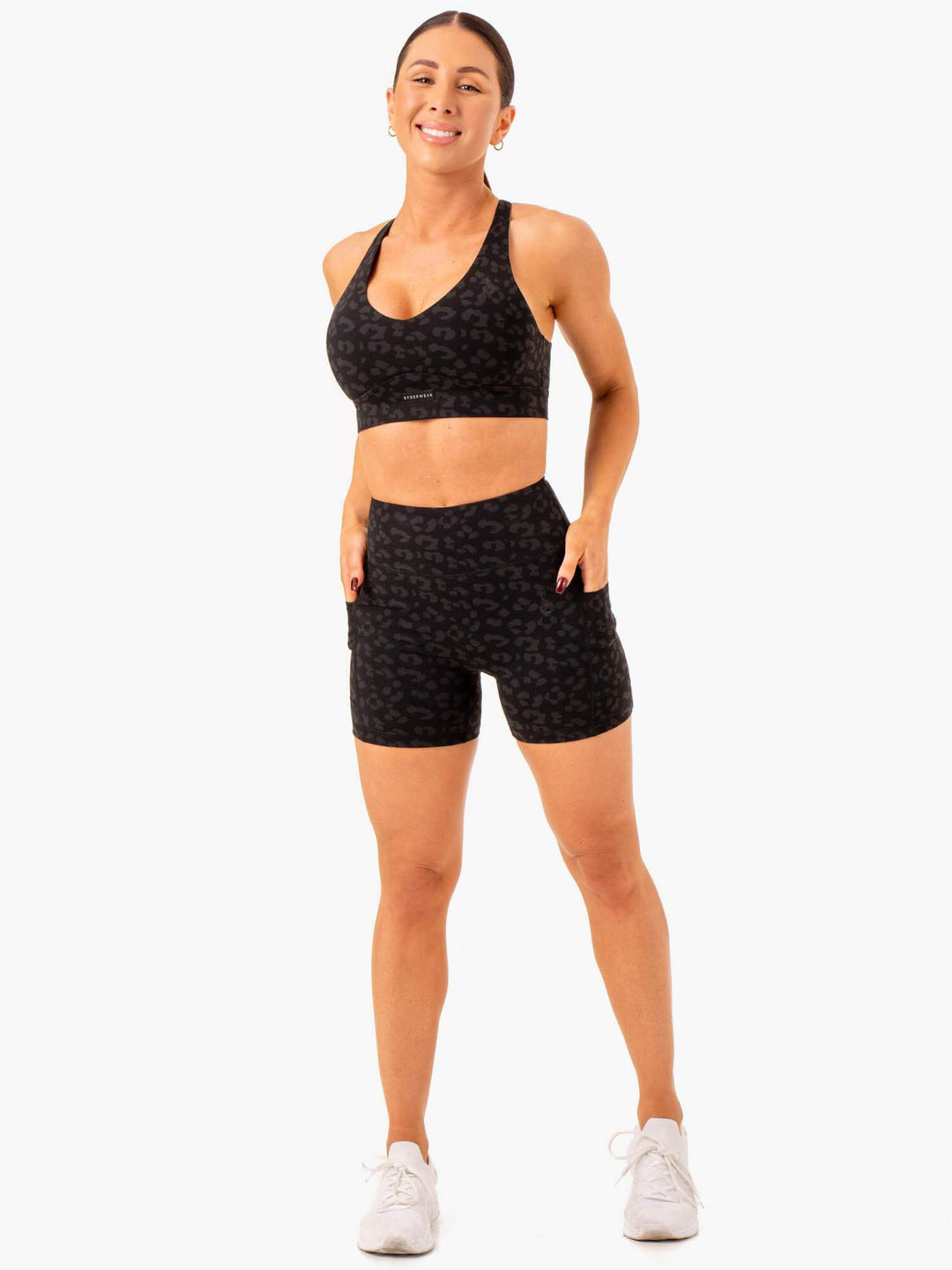 Ultra High Waisted Mid Length Shorts - Black Leopard Clothing Ryderwear 