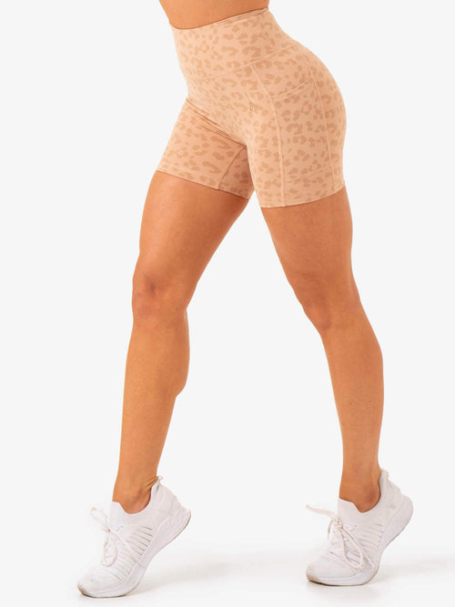 Ultra High Waisted Mid Length Shorts Tan Leopard