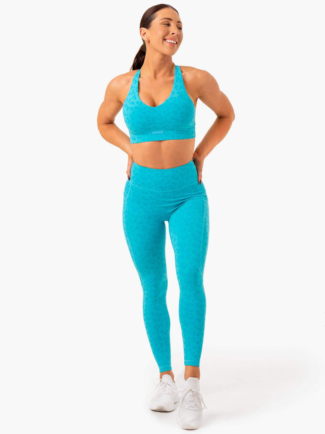 Ultra V-Neck Sports Bra - Aqua Leopard Clothing Ryderwear 