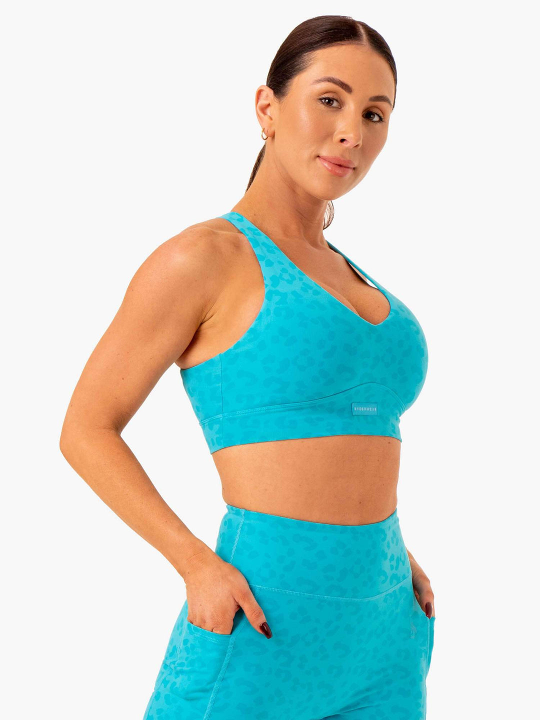 Ultra V-Neck Sports Bra - Aqua Leopard Clothing Ryderwear 